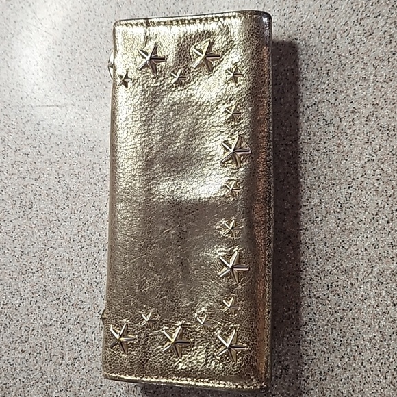 Jimmy Choo Metallic Bronza Gold Silver Star Stud Long Snap Front Flap Wallet - Picture 2 of 11
